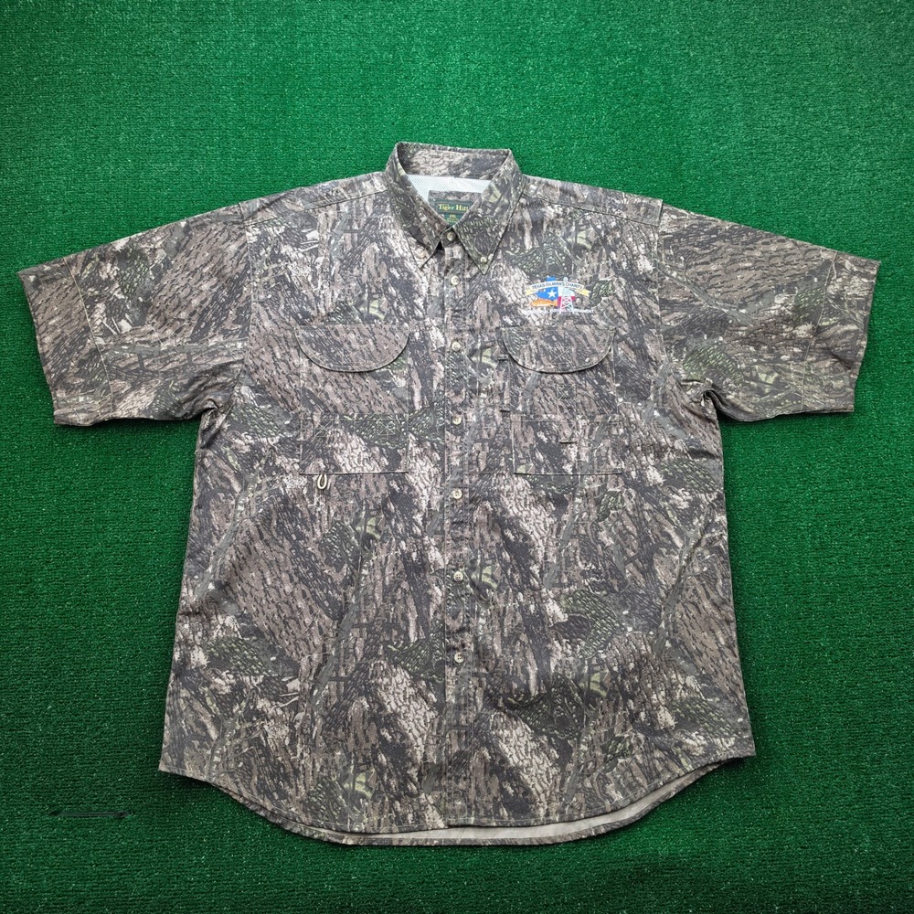 Tiger Hill Camo Fishing Shirt Mens 2XL Button Up Texas Oilmans Charity Vented